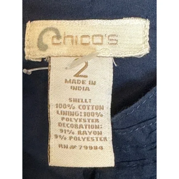 Chicos Open Front Jacket Women’s Size 2 Navy & Beige Textured Pattern Cotton Ble - Picture 4 of 8